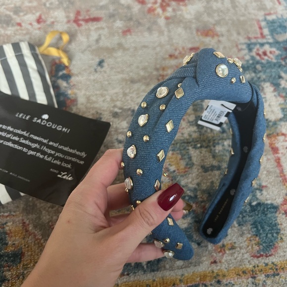 NWT - Lele Sadoughi Denim Blue Knotted Headband with Crystal and Studs! - Picture 4 of 9